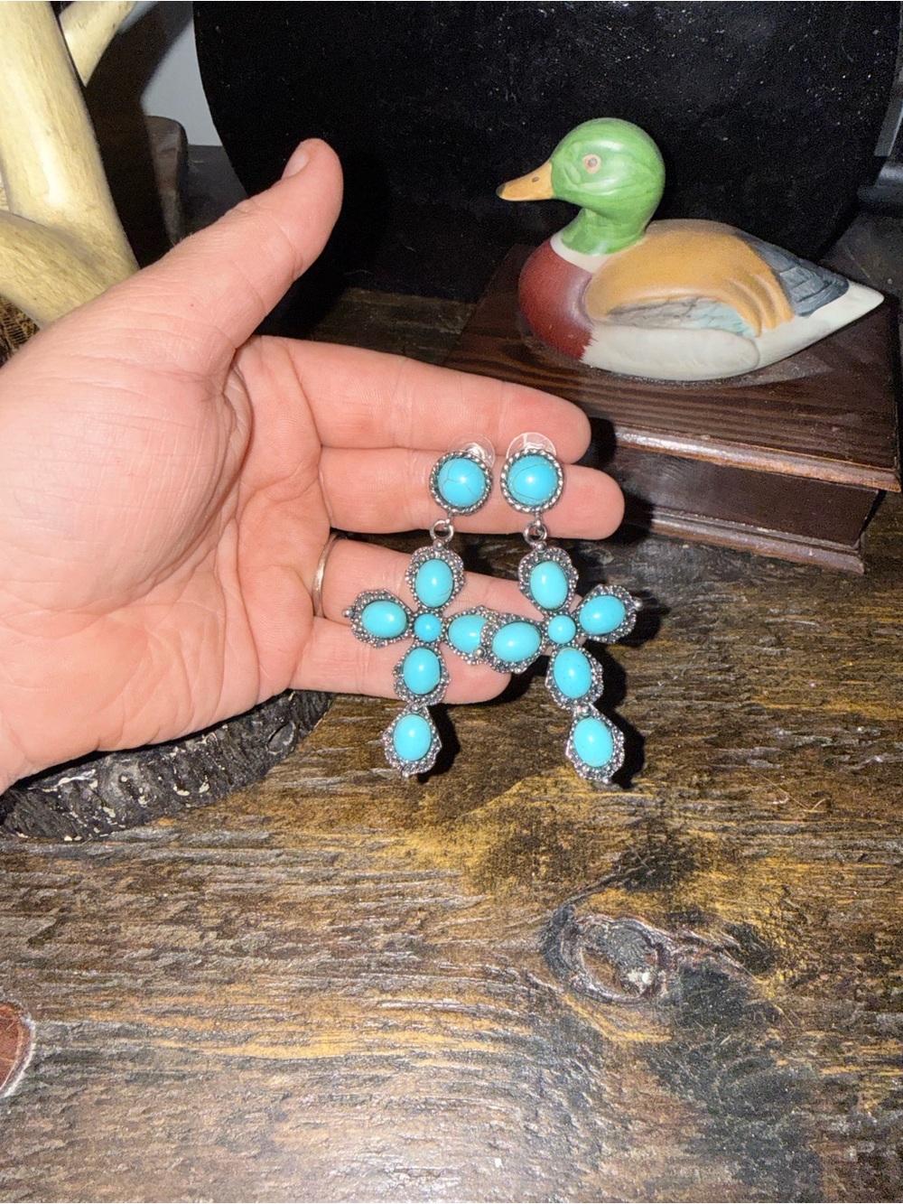 Turquoise Cross Drop Earrings - Silver Tone